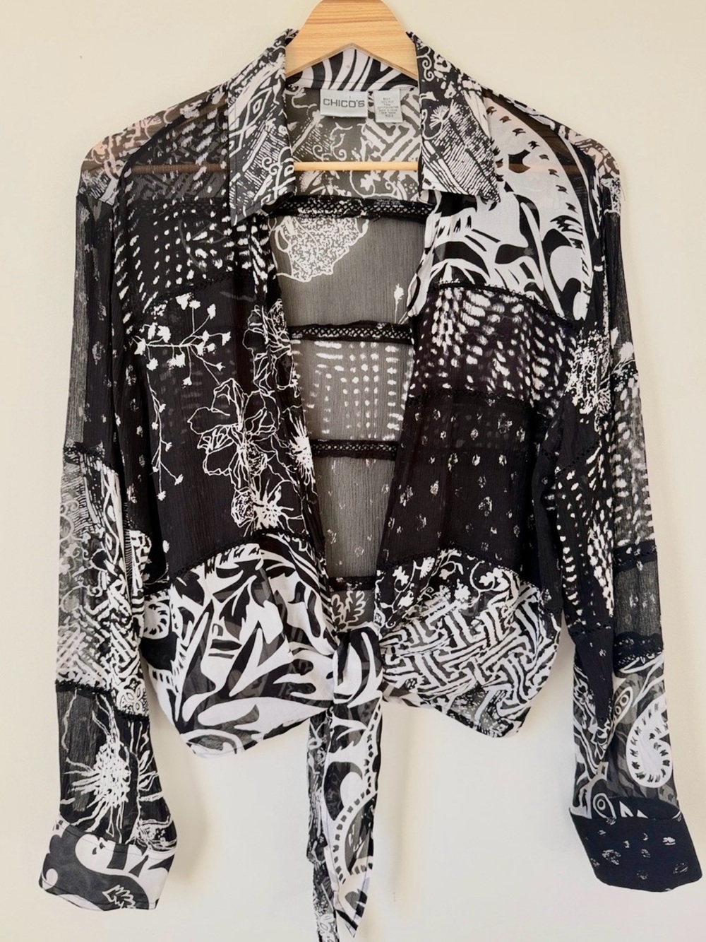 Chico's Black & White Tie-Front Sheer 100% silk patchwork cardigan size 2 (L)